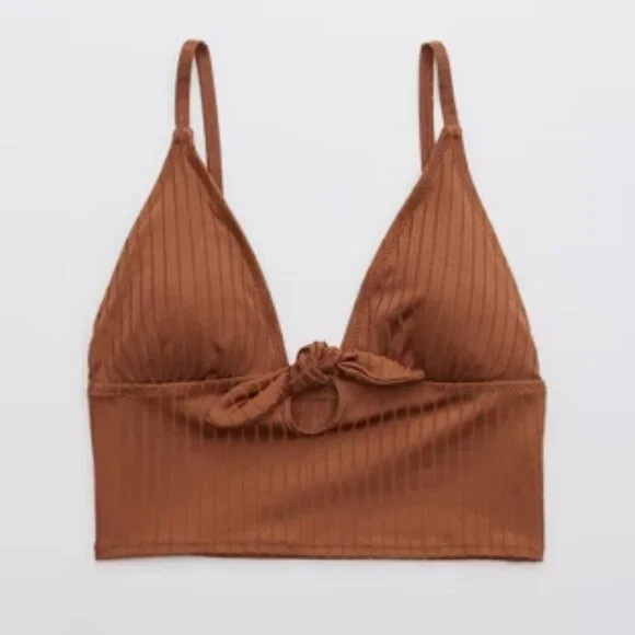 Aerie Ribbed Shine Longline Tie Front Triangle Bikini Top Size XXL - Picture 1 of 9